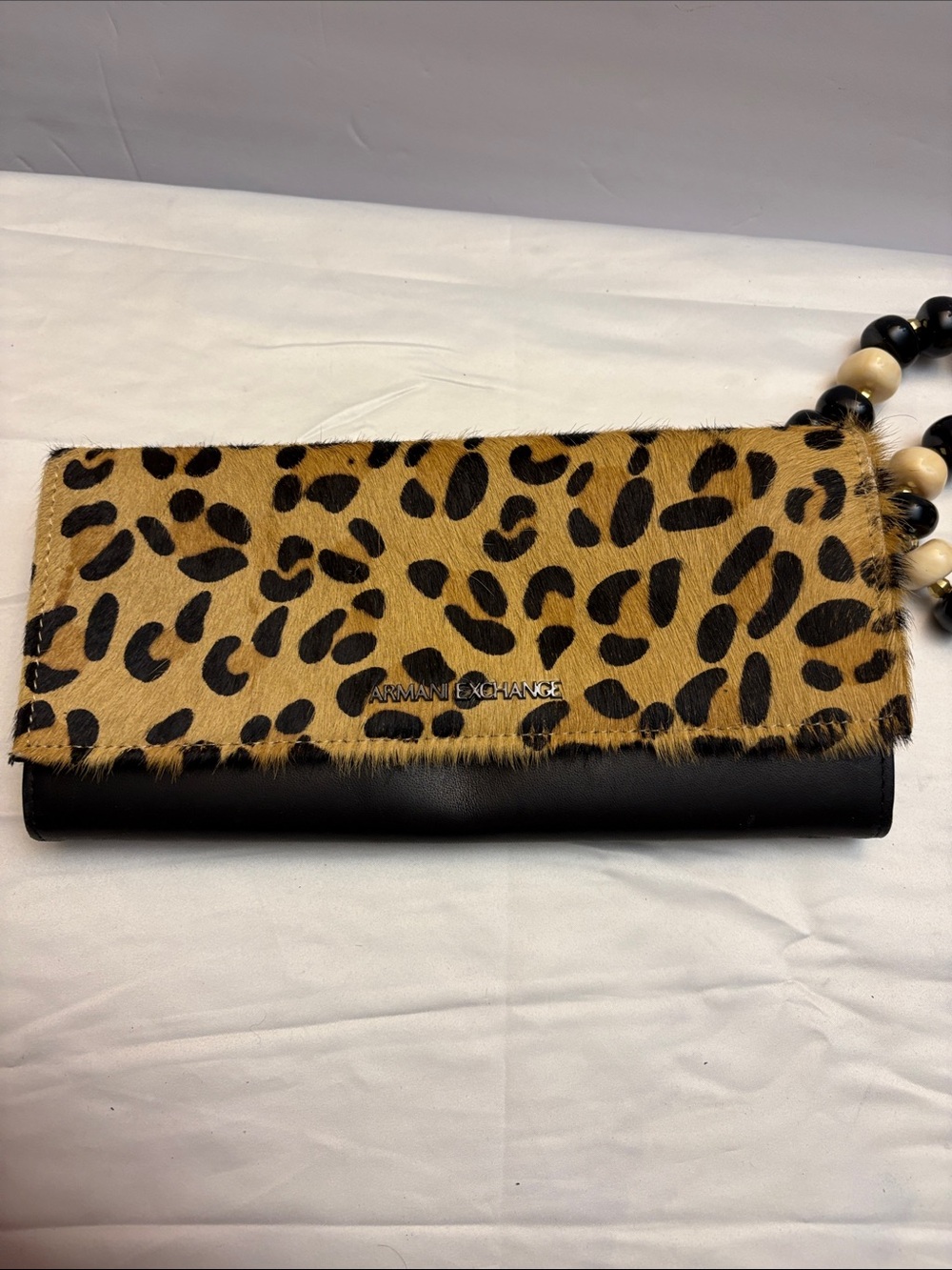 Armani Exchange Leopard-Print genuine calf skin Foldover Clutch in Tan and Black